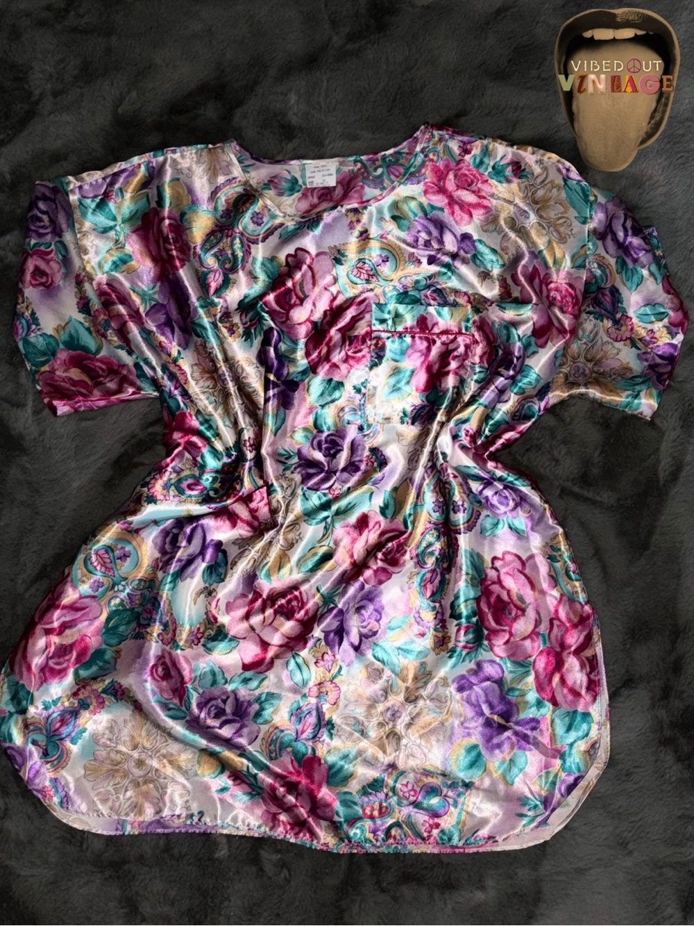 Floral Satin Short Sleeve Top - Pink & Purple
